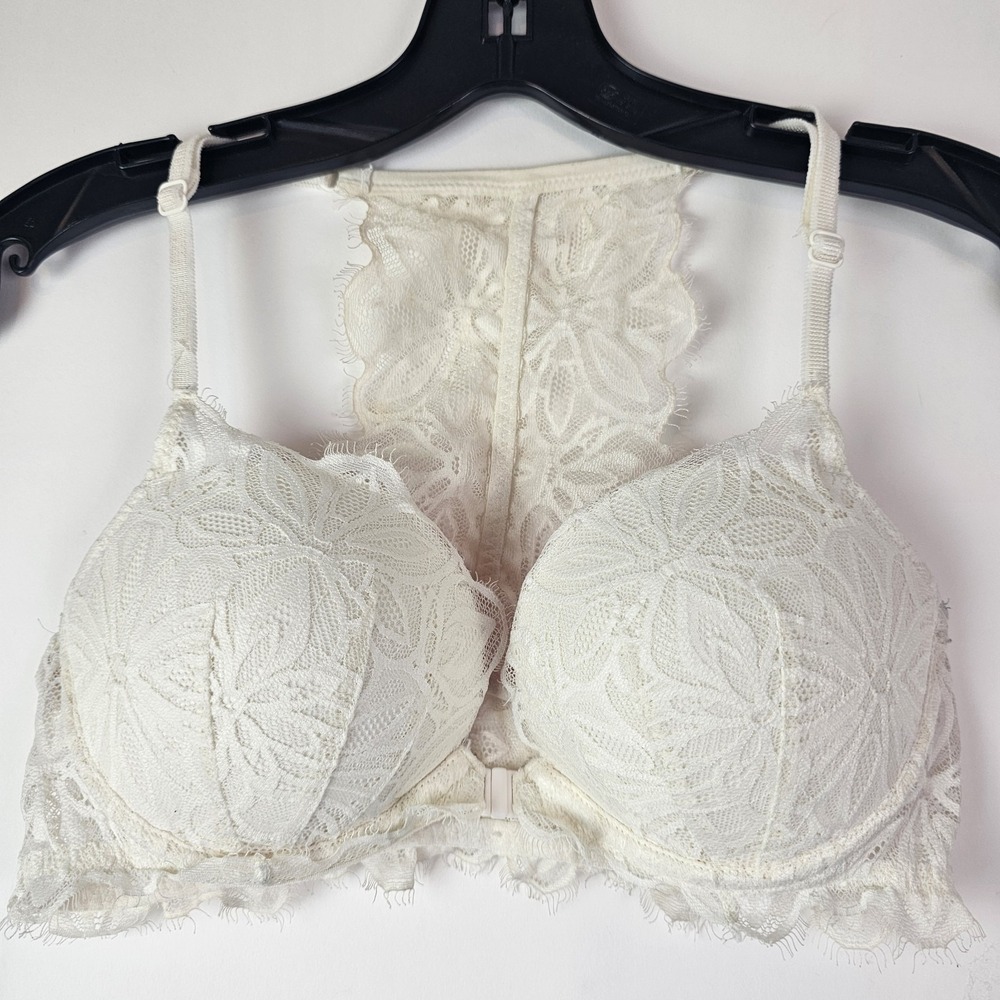 PINK Victorias Secret Ivory Bra 34C Front Close Lace Date Racerback Push Up
